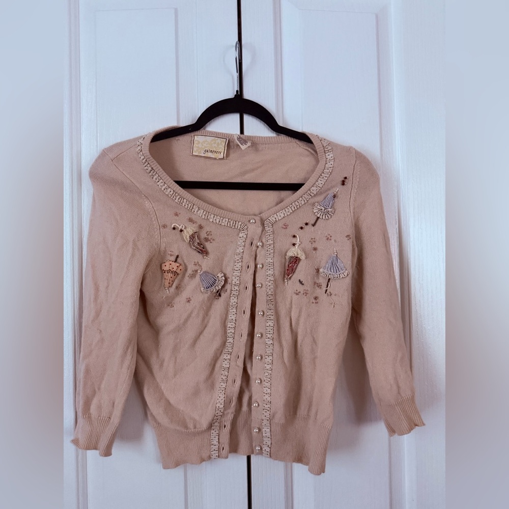 Guinevere Anthropologie embellished cream umbrella cardigan S